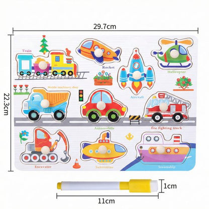 Educatieve Houten Knoppenpuzzel - Voertuigen - 2-in-1 Vormenpuzzel & Whiteboard inclusief Stift - Montessori Speelgoed voor Peuters - Blokpuzzel kind - Educatief Spel voor 3 4 5 6 7 Jaar - Ontwikkeling Fijne Motoriek