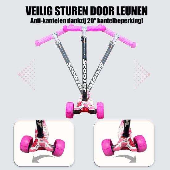 Kinderstep - LED-wielen met flitsende verlichting - Speelgoed voor Meisjes met Lichtgevende - Steps max 50kg - Buitenspeelgoed & Cadeau vanaf 3 Jaar + - hoogte verstelbaar 61-83 cm (3 standen) Roze