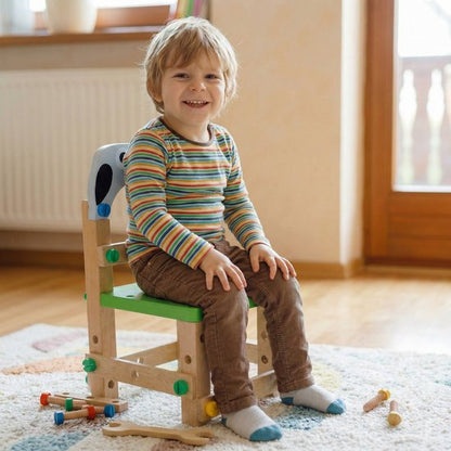 Houten Gereedschapsstoel Pinguïn - 2-in-1 Constructie Speelgoed & Kinderstoeltje - Toolbox Met Hamer, Schroevendraaier & Moersleutel - Gereedschapskoffer - Montessori Werkbank voor Peuters - Educatief cadeau 3+ , 31 x 8.5 x 25.7