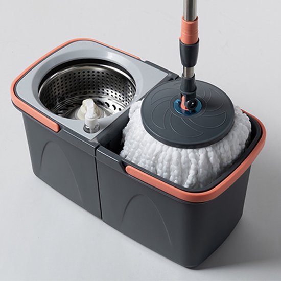 Dweilsysteem met Emmer - Mopsysteem&Mopset - Roterende Vloerwisser met RVS Centrifuge - Met Zeepdispenser & Wateruitlaat - Incl. 2 Microvezel Pads - Telescopische Steel - Voor Alle Vloeren