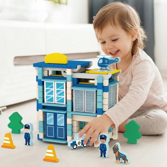 Houten Bouwstenen Set met Pen-en-Gatverbinding - Politiebureau - 3D Puzzel & Constructie Speelgoed - Hout blokjes Peuter Cadeau - Rollenspellen - Bouwblokken - Educatief Montessori Speelgoed voor Kinderen - Vanaf 3 Jaar - Blauw