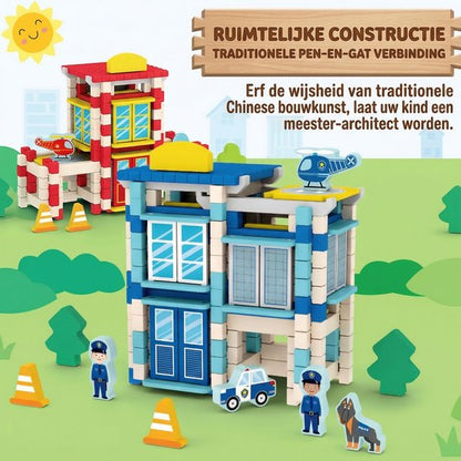 Houten Bouwstenen Set met Pen-en-Gatverbinding - Brandweerkazerne - 3D Puzzel & Constructie Speelgoed - Hout blokjes Peuter Cadeau - Rollenspellen - Bouwblokken - Educatief Montessori Speelgoed voor Kinderen - Vanaf 3 Jaar - Rood