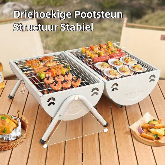 Luxe Draagbare Tafelbarbecue Houtskool - 2-in-1 Smoker & Open Grill - Met Grillplaat & Deksel - Compacte Camping BBQ voor Balkon & Park - Dubbel Grilloppervlak - Houtskool Barbecue - Ideaal voor Buiten - Houtskool BBQ - Wit, 25.5 x 37.5 x 39 cm