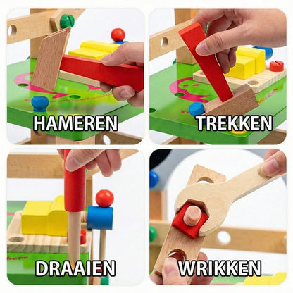Houten Gereedschapsstoel Pinguïn - 2-in-1 Constructie Speelgoed & Kinderstoeltje - Toolbox Met Hamer, Schroevendraaier & Moersleutel - Gereedschapskoffer - Montessori Werkbank voor Peuters - Educatief cadeau 3+ , 31 x 8.5 x 25.7