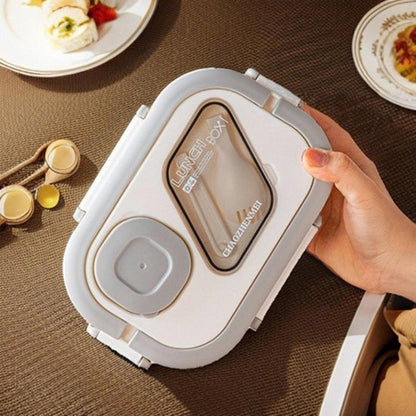 Lunchbox met sausbox ‌en bestek‌, Lekvrij Bento Box 1200ml voor Diepvries, Vaatwasser & Magnetronbestendig, met Silicone Afdichtring, Dubbele Laag met 6 Vakken Voor volwassenen en kinderen‌, ‌Wit-21*14.5*8.6cm