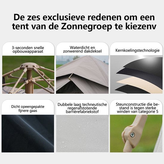 Automatische Pop-up Tent - Vierhoekige Kampeertent voor 2-3 Personen - Waterdicht met Vaste Zonnekap - Inclusief Draagtas - Ideaal voor Gezinscamping en Festivals - Met Zwarte UV-Block Coating - Snelle 3-Seconden Opzet - Kaki