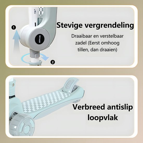Kinderstep 3-in-1: Loopfiets + Driewieler + Step - Eénklaps Vouwbaar (Geen Montage!) - LED Lichtwielen - Verstelbaar 62-80cm - Veilig Laag Zwaartepunt - Geschikt 3-8 Jaar - Draagt 50kg - Licht Mintgroen