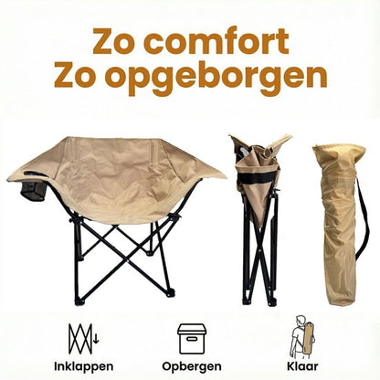 Campingstoel Maanstoel - Opvouwbaar tot 150kg - Comfortabel & Ademend met Bekerhouder - Lichtgewicht Vouwstoel met Draagtas voor Camping, Strand & Tuin - Visstoel met Armleuningen - 600D Oxford Klapstoel - Kampeerstoel - Visstoeltje Zandgeel / Beige