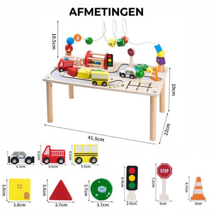 Houten Activity Center Speeltafel - 7-in-1 Educatief Montessori Speelgoed voor Peuters - Fijne Motoriek Training - Verkeer & Auto's Thema - Kralenframe & Vormenstoof - Educatief Activiteitenbord - Kraamcadeau - Baby Busy Board - 12 Maand +