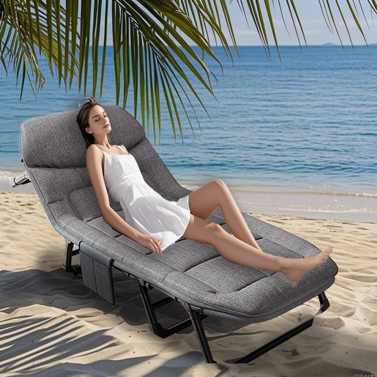 Veldbed - Campingbed - Logeerbed met kussen - Opvouwbaar Kampeerbed - 190x66x30 cm - Strandbed - Versterkt 8-Poots - Met bekerhouder - Met 3x Lendensteun - Stevig Kussen - Inklapbaar - Antraciet/Grijs - Ideaal voor Tuin, Kamperen & Reis