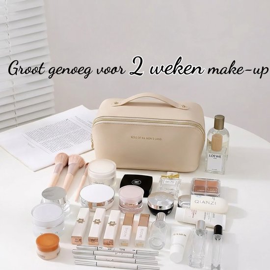 Make-up Tas Dames & Meisjes - Grote Toilettas voor Reizen & Vakantie - Beauty Case met Grote Opening - Cosmetica Organizer met Vakken - Waterafstotend PU Leer - Reis Etui voor Make up & Verzorging - Handige Badkamer Opbergtas - Beige