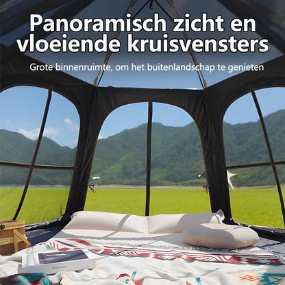 Pop-up Familietent met XXL Zonnescherm - 4-Persoons Koepeltent - Opzetten in 3 Seconden - Inclusief Voorluifel voor Extra Leefruimte - Waterdichte kampeertent - pop up tent voor Kamperen - festival tent + Draagtas - Kaki