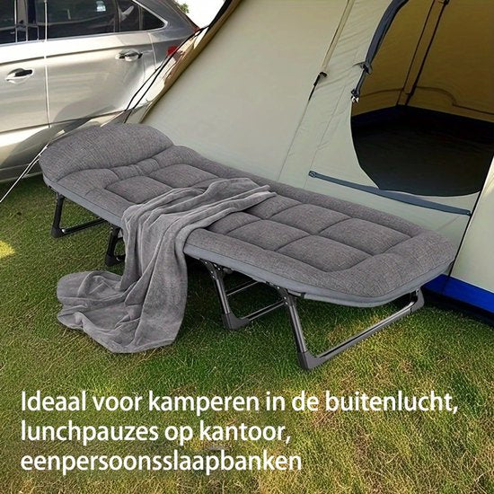 Veldbed - Campingbed - Logeerbed met kussen - Opvouwbaar Kampeerbed - 190x66x30 cm - Strandbed - Versterkt 8-Poots - Met bekerhouder - Met 3x Lendensteun - Stevig Kussen - Inklapbaar - Antraciet/Grijs - Ideaal voor Tuin, Kamperen & Reis