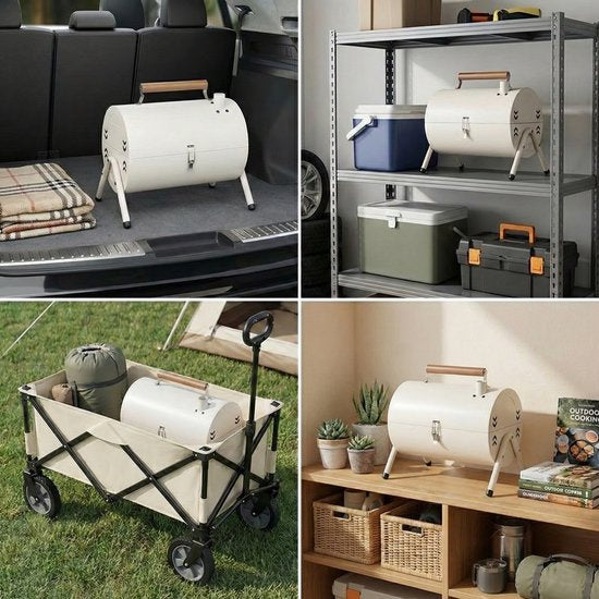 Luxe Draagbare Tafelbarbecue Houtskool - 2-in-1 Smoker & Open Grill - Met Grillplaat & Deksel - Compacte Camping BBQ voor Balkon & Park - Dubbel Grilloppervlak - Houtskool Barbecue - Ideaal voor Buiten - Houtskool BBQ - Wit, 25.5 x 37.5 x 39 cm