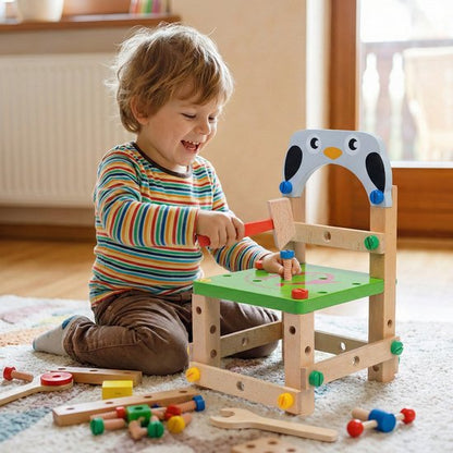 Houten Gereedschapsstoel Pinguïn - 2-in-1 Constructie Speelgoed & Kinderstoeltje - Toolbox Met Hamer, Schroevendraaier & Moersleutel - Gereedschapskoffer - Montessori Werkbank voor Peuters - Educatief cadeau 3+ , 31 x 8.5 x 25.7