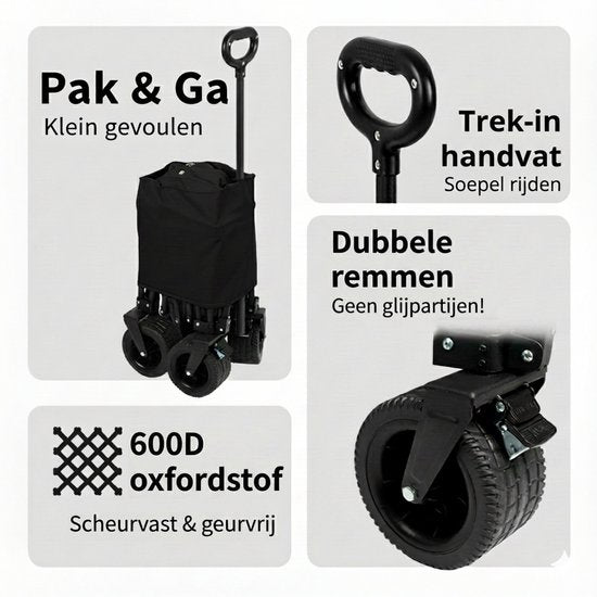 Bolderkar Opvouwbaar 135L - Extra Sterke Bolderwagen tot 150KG - Met Dubbele Rem & Telescopische Trekstang - Compact Inklapbare Strandkar met 360° Wielen - All-Terrain Trekkar voor Camping & Boodschappen - Bolderkarren Inclusief opbergtas - Zwart