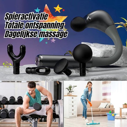 Massage Gun met Verlengd Handvat - Diepe Spiermassage & Percussie Massage - Professioneel Spiermassageapparaat voor Rug, Nek & Schouders - U-vormig & Ergonomisch Design - Draadloos Massagepistool - 4 Opzetstukken - Krachtig Spierherstel & Ontspanning