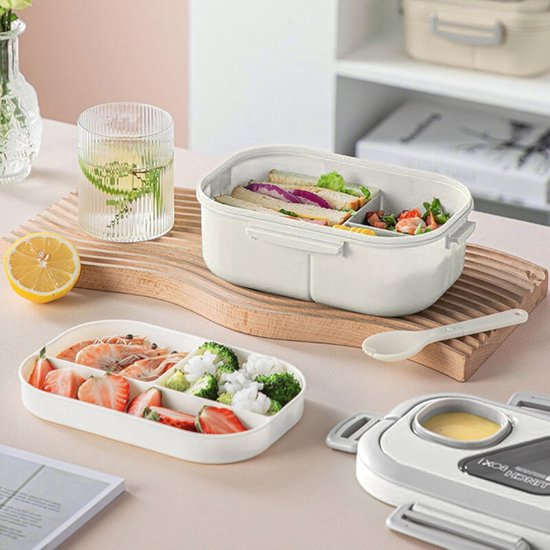 Lunchbox Set 1200+600ml voor Vaatwasser & Magnetronbestendig - Yoghurt en Muesli beker to go - broodtrommel met sausbox ‌en bestek‌ - Lunchpot met Isolerende Draagtas -Bento box voor volwassenen en kinderen‌ - Voor Werk, School, Picnic - Wit