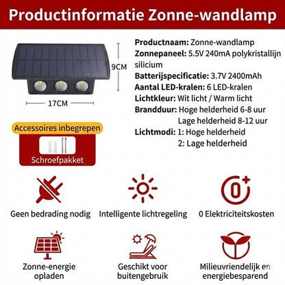 Solar Wall Lamp Up & Down - Warm White Light with 2 Light Modes - 6 LED - IP55 Waterproof Outdoor Solar Lamp - 3000K - Garden Lighting - Garden Mood Lamp - Atmospheric Facade Lighting for Garden, Fence & Terrace - 2400mAh Battery - Black 