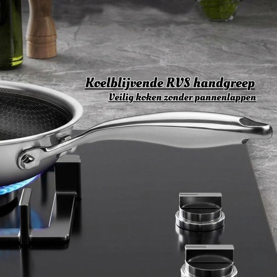 RVS Koekenpan Ø 26 cm - PFAS & PTFE vrij - RVS Honingraat Anti-Aanbakpan (Hybrid) – Krasbestendig & Slijtvast – Geschikt voor Inductie, Gas & Oven – Met RVS Handgreep – Hoge Rand (6 cm) – Roestvrij Stalen Bakpan –Vaatwasserbestendig