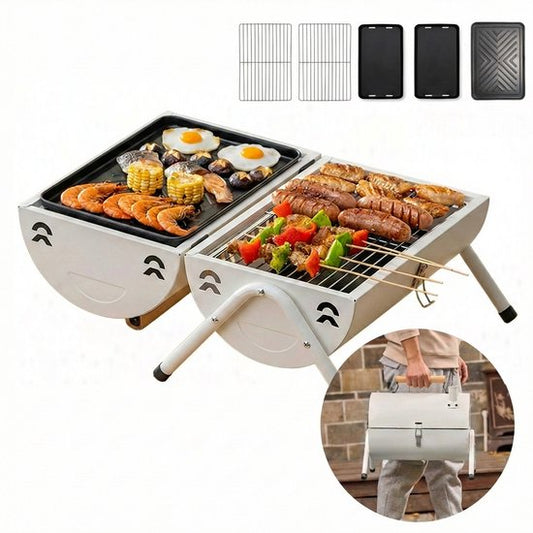 Luxe Draagbare Tafelbarbecue Houtskool - 2-in-1 Smoker & Open Grill - Met Grillplaat & Deksel - Compacte Camping BBQ voor Balkon & Park - Dubbel Grilloppervlak - Houtskool Barbecue - Ideaal voor Buiten - Houtskool BBQ - Wit, 25.5 x 37.5 x 39 cm