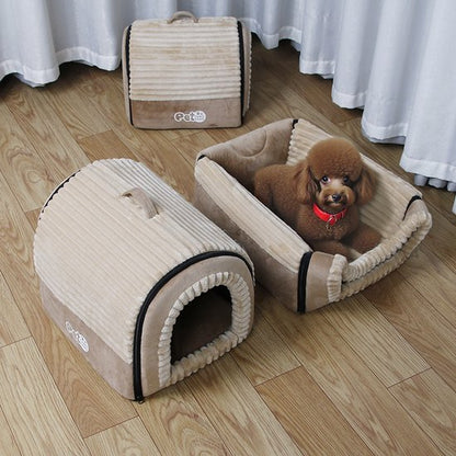 Hondenmand & Kattenhuis - 43*39*37CM - Luxe Huisdierbed - Opvouwbaar tot Sofa- Met Uitneembaar Kussen&Handvat - Wasbaar & Anti-slip - voor Middelgrote & Kleine Honden - Geschikt voor Alle Kittens - Indoor Iglo Slaapplek - Winter Warme Slaapzak -Beige