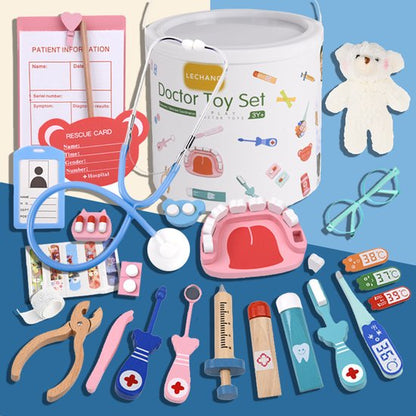 Dokterset Speelgoed 21 deligs - Inclusief stethoscoop spuit thermometer verband – Realistisch Rollenspel - Houten speelgoedset - Dokterssetje - Peuter