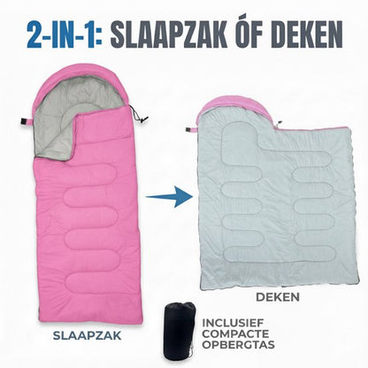 Lichtgewicht Slaapzak 1kg voor Kinderen - Compacte Envelop Slaapzak met Capuchon - 170x70 cm - Waterafstotend 380T Nylon - 4 Seizoenen - Machine Wasbaar - Ideaal voor Kamperen, Logeren & Wandelen - 2×Wegs Rits Inclusief Compressiezak - Roze