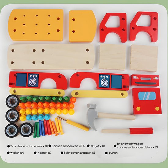 Montessori Tool Trolley Truck – Dismountable Workbench Car – Wooden Construction Toy with PVC Hammer, Nails and Screws, Educational Toy for Fine Motor Skills, Tool Trolley & Truck (Ages 3+, Hand-Planed + Safe Paint) 