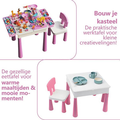 Kindertafel Met 1 Stoel + 4 Bakjes + 410 Bouwstenen - 2-in-1 Bouwtafel & Leertafel - Speeltafel Geschikt voor Lego® & Duplo® blokken - Blokken Tafel Kinderen - zandtafel - watertafel - Ideaal Cadeau voor Kerst & Verjaardagen ‌Roze