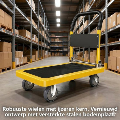 Plateauwagen 300kg - Opvouwbaar - Steekwagens & Transportwagen - 90x60cm - Heavy Duty Platformwagen Staal - Magazijnwagen met Anti-slip & Duwstang - Trolley voor Verhuizing, Garage, Bagage & Pakketten - Handwagen met 12cm Wielen