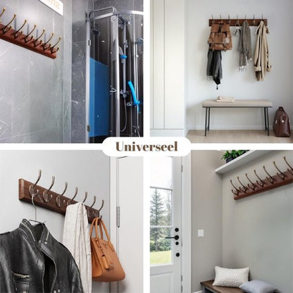 Houten Wandkapstok met 7xDubbele Haak, Wandgarderobe 70 cm Walnoot Massief Hout- Schroefvrije Montage, 25kg Draagvermogen, Aluminium Antiroest (Montagekit) - voor Badkamer/Deur/Garderobe