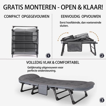 Veldbed - Camping bed - Logeerbed met Kussen- Opvouwbaar Kampeerbed - 190x66x30 cm - Strandbed - Versterkt 8-Poots - Met 3x Lendensteun - Stevig Kussen - Inklapbaar - Antraciet/Grijs - Ideaal voor Tuin, Kamperen & Reis