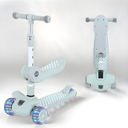 Kinderstep 3-in-1: Loopfiets + Driewieler + Step - Eénklaps Vouwbaar (Geen Montage!) - LED Lichtwielen - Verstelbaar 62-80cm - Veilig Laag Zwaartepunt - Geschikt 3-8 Jaar - Draagt 50kg - Licht Mintgroen