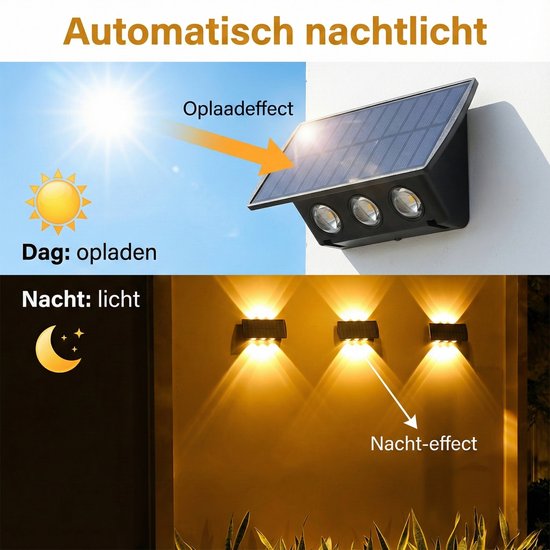 Solar Wall Lamp Up & Down - Warm White Light with 2 Light Modes - 6 LED - IP55 Waterproof Outdoor Solar Lamp - 3000K - Garden Lighting - Garden Mood Lamp - Atmospheric Facade Lighting for Garden, Fence & Terrace - 2400mAh Battery - Black 