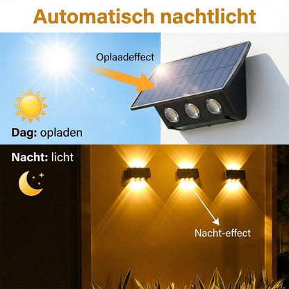Solar Wall Lamp Up & Down - Warm White Light with 2 Light Modes - 6 LED - IP55 Waterproof Outdoor Solar Lamp - 3000K - Garden Lighting - Garden Mood Lamp - Atmospheric Facade Lighting for Garden, Fence & Terrace - 2400mAh Battery - Black 