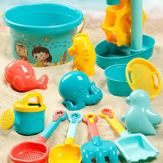 Zandspeelset 12-delige - Waterspeelset voor Kinderen – Compleet Pakket met Emmer, Gieter, Watermolen, Zandvormpjes en Schep voor Strand- en Tuinplezier - Zandbakken - Buitenspeelgoed - Speelgoed - Stevig Materiaal