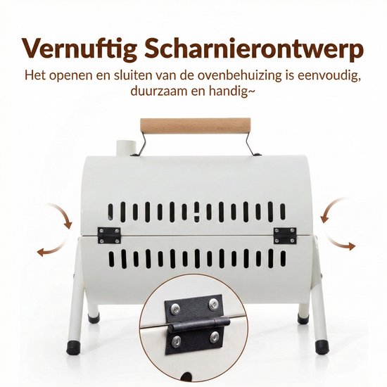 Luxe Draagbare Tafelbarbecue Houtskool - 2-in-1 Smoker & Open Grill - Met Grillplaat & Deksel - Compacte Camping BBQ voor Balkon & Park - Dubbel Grilloppervlak - Houtskool Barbecue - Ideaal voor Buiten - Houtskool BBQ - Wit, 25.5 x 37.5 x 39 cm
