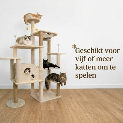 Grote Krabpaal met Ruimtecapsule en Kattenhuis - Krabpalen - Kattenmeubel - 7-Laagse Kattenboom - Natuurlijk Sisal - Extra Stabiel - Milieuvriendelijk Hout - Speelparadijs voor Binnenkatten - Beige