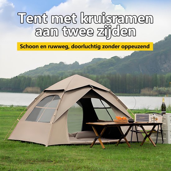 Automatische Pop-up Tent - Vierhoekige Kampeertent voor 2-3 Personen - Waterdicht met Vaste Zonnekap - Inclusief Draagtas - Ideaal voor Gezinscamping en Festivals - Met Zwarte UV-Block Coating - Snelle 3-Seconden Opzet - Kaki