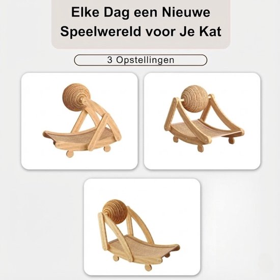 3-in-1 Krabplank voor Katten - Ergonomische Boogvorm Krabpaal met Jute Krabbal - Duurzaam Krabmeubel & Kattenmand - Slapen, Spelen & Krabben - Inclusief Kattenspeelgoed - Stevige Krabmat van Hout & Jute - 55x42x32 cm