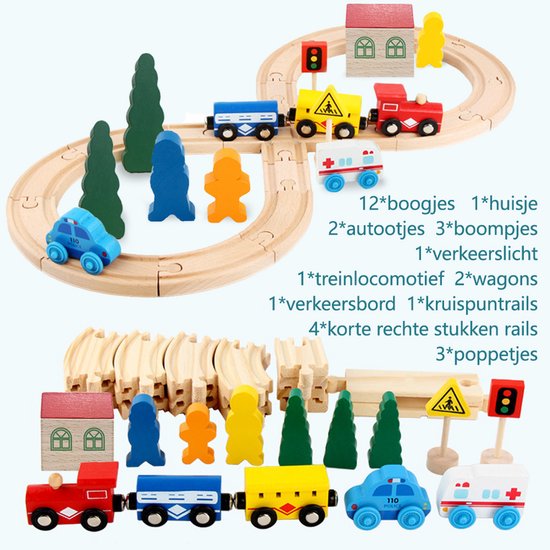 Houten treinset Treinbanen 31-delig – DIY '8'-vorm – meerkleurig – stimuleert de motorische en cognitieve ontwikkeling – Kindercadeaus