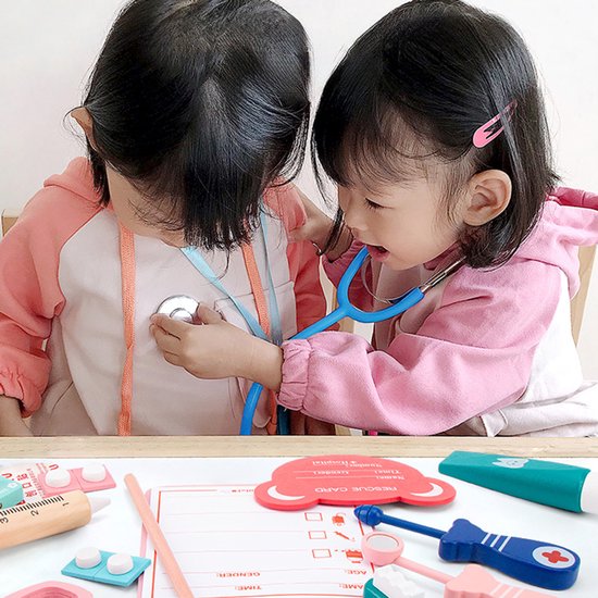 Dokterset Speelgoed 21 deligs - Inclusief stethoscoop spuit thermometer verband – Realistisch Rollenspel - Houten speelgoedset - Dokterssetje - Peuter