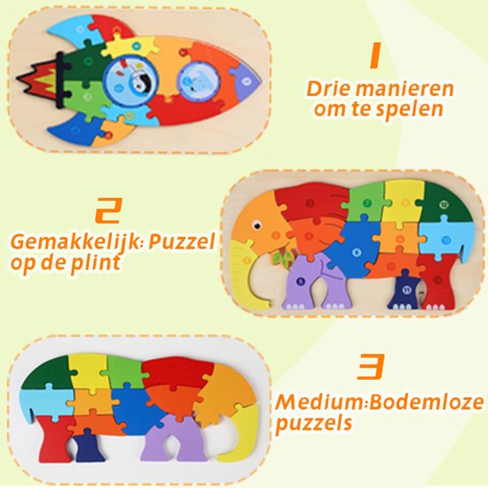 Houten Blokpuzzel-Montessori Speelgoed-3D puzzel-Kinderen-3 Jaar-Gift-Cadeau-14stuks-Olifant, Educatief Spel voor 3 4 5 6 7 Jaar, Cadeau voor Jongens en Meisjes