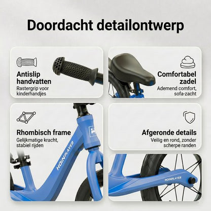Loopfiets 12 inch met rubberen luchtbanden - Kinderfiets - Lichtgewicht magnesiumframe (0,65 kg) - Inclusief fietspomp - Verstelbaar zadel (31-45 cm) - Totaalgewicht 3,1 kg - Antislip handvatten - Stalen spaken - Voor kinderen vanaf 2 jaar - Blauw