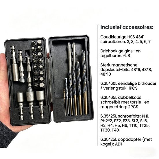 Gevulde Gereedschapskoffer - Accuboormachine Set in Koffer - Complete Gereedschapsset inclusief Handgereedschap en Borenset - 10mm - Type-C Oplaadbaar - Inclusief Schroevendraaiers, Tang en Accessoires - Zwart