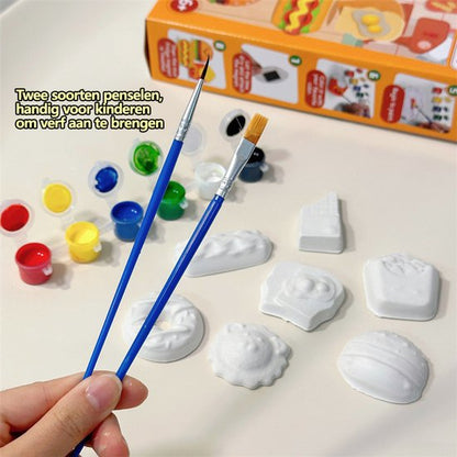 Craft Kit Magnet Making & Plaster Casting - DIY Creative Toy Set - Food Theme with Hamburgers, Donuts & Fries - Includes Paint & Shapes - Crafts for Kids - Fridge Magnets - Playset - Birthday Gift for Boys & Girls 