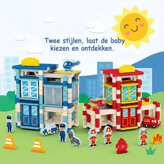 Houten Bouwstenen Set met Pen-en-Gatverbinding - Politiebureau - 3D Puzzel & Constructie Speelgoed - Hout blokjes Peuter Cadeau - Rollenspellen - Bouwblokken - Educatief Montessori Speelgoed voor Kinderen - Vanaf 3 Jaar - Blauw