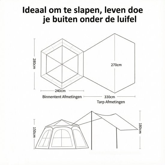 Pop-up Familietent met XXL Zonnescherm - 4-Persoons Koepeltent - Opzetten in 3 Seconden - Inclusief Voorluifel voor Extra Leefruimte - Waterdichte kampeertent - pop up tent voor Kamperen - festival tent + Draagtas - Kaki