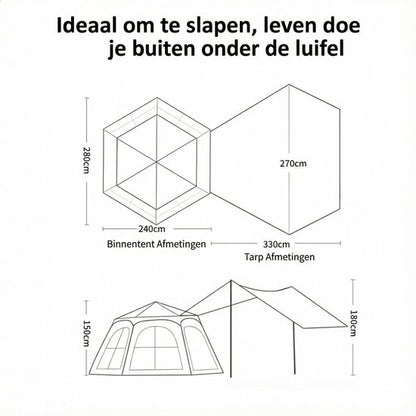 Pop-up Familietent met XXL Zonnescherm - 4-Persoons Koepeltent - Opzetten in 3 Seconden - Inclusief Voorluifel voor Extra Leefruimte - Waterdichte kampeertent - pop up tent voor Kamperen - festival tent + Draagtas - Kaki